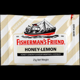 Fisherman's Friend Honey-Lemon Menthol Lozenges, 99% sugar-free, 25g pack for soothing throat relief with a refreshing taste.