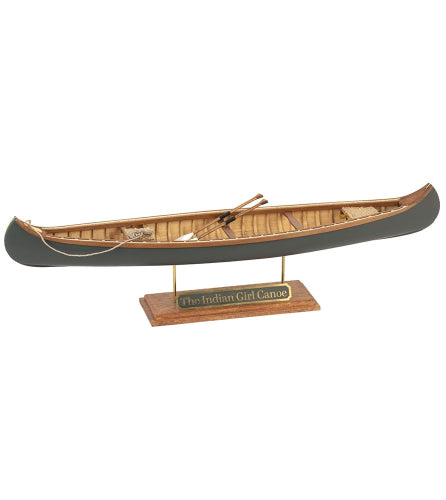 Intricate handcrafted wooden model of "The Indian Girl Canoe" showcasing traditional design, perfect for collectors and decor.