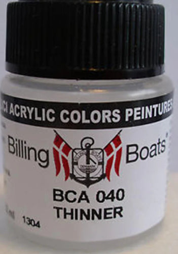Bottle of Billing Boats Acryl Thinner 22ml, ideal for enhancing acrylic paint performance in model boat building.