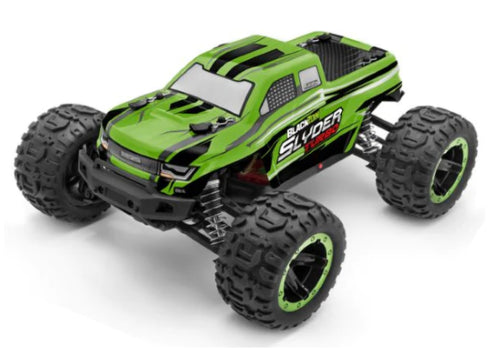 1/16 Slyder MT Turbo Green RC monster truck with turbo speed, durable design, and included charger for adventurous racing.