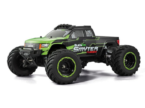 Bright green 1/12 scale electric RC monster truck designed for off-road racing with turbo speed and durable build.