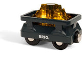 Light-up gold wooden wagon for imaginative play, perfect for toddlers to haul toys and treasures indoors or outdoors.