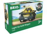 BRIO Light Up Gold Wagon with shimmering finish, designed for creative play, brightens adventures for toddlers and preschoolers.