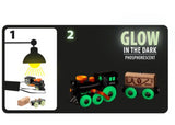 Ghostly BRIO Ghost Train set with glowing engine, wagon, and wooden casket for imaginative play and development.