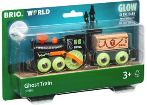 BRIO Ghost Train set featuring a glowing steam engine, wagon, and mysterious wooden casket for imaginative play.