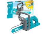Toy chainsaw designed for creative play, featuring realistic sounds to enhance imaginative role-play for ages 3 and up.