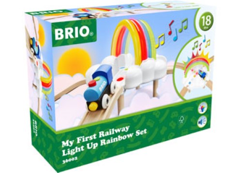 Colorful wooden train set with lights and sounds, designed for toddlers to enhance creativity and learning while playing.