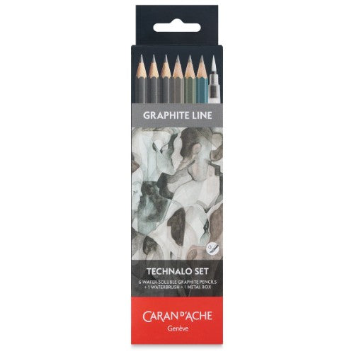 Caran D'ache 7-piece water-soluble pencil set with graphite and colored pencils, plus a waterbrush for vibrant effects.
