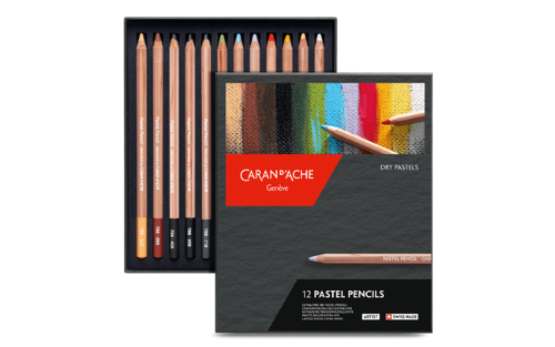 Caran d'Ache Pastel Pencils set of 12, featuring vibrant colors, thick leads, and smooth application for artists.