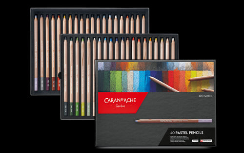 Caran d'Ache Pastel Pencils Set of 40 featuring vibrant colors in a hexagonal design for easy grip and blending.