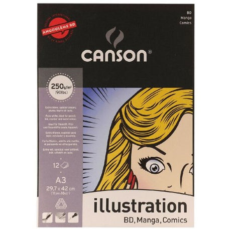 Canson A3 Illustration Pad 250gsm featuring acid-free paper, perfect for sketching and various artistic techniques.