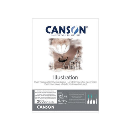 Canson Illustration Pad 200gsm A4 with 12 smooth, bright white sheets, perfect for diverse mediums and vibrant artwork.