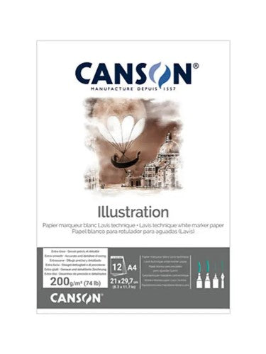 Canson Illustration Pad - A3, 200gsm, 12 sheets, smooth white surface for diverse media, waterproof, FSC certified.