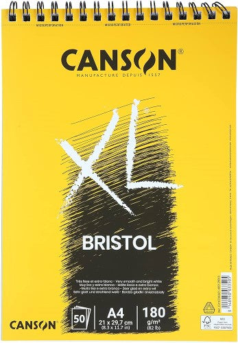 Canson XL Bristol Spiral Pad A4 with 50 sheets of smooth, 180gsm ultra-white paper, ideal for various artistic techniques.