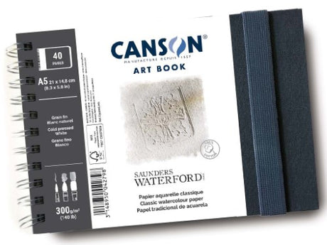 Canson Saunders Waterford A5L artbook with 300gsm cold press paper, perfect for vibrant watercolor and mixed media artwork.
