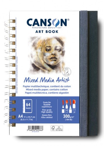 Canson Mixed Media Artbook A4P with 28 sheets of 300gsm paper, ideal for wet and dry techniques, features spiral binding and elastic closure.