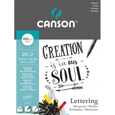 Canson Lettering Pad 180gsm 24x32cm, ideal for calligraphy and mixed media, featuring fine grain texture for precise artistry.