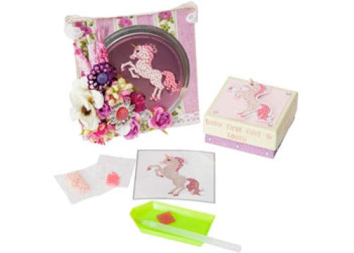 Colorful CrystalArt Fairytale Unicorn motif kit, 9x9cm, includes crystals, tools, and inspires creativity for crafters.