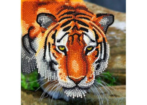 CrystalArt Tiger card kit featuring a numbered rhinestone template and magic pencil for creating dazzling art in 30-45 minutes.