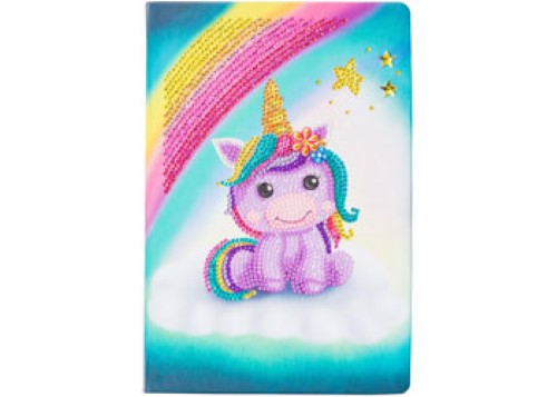 Whimsical CrystalArt Unicorn Smile Notebook with rhinestone painting, 18x26cm, featuring 50 lined pages and creative accessories.