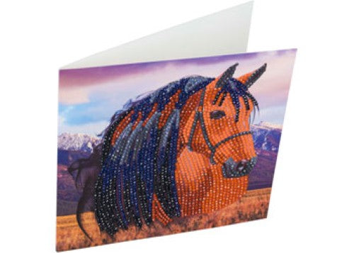 Sparkling DIY rhinestone craft kit featuring a whimsical horse design, perfect for all ages to create stunning cards.