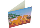 Colorful CrystalArt kit featuring Simba and Nala for creating a sparkling 18x18cm greeting card. Perfect for all ages!