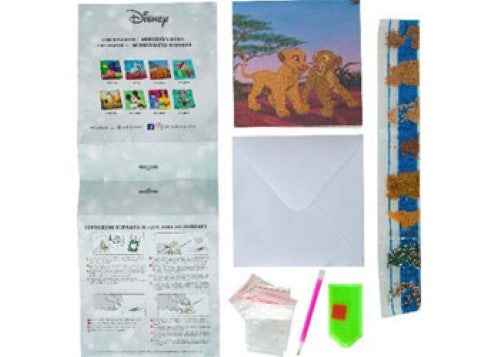 Craft kit featuring Simba and Nala, perfect for creating sparkling greeting cards via diamond painting technique.