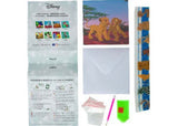 Craft kit featuring Simba and Nala, perfect for creating sparkling greeting cards via diamond painting technique.