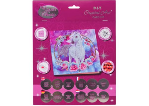 Colorful CrystalArt Unicorn Garland card kit, 18x18cm, for DIY sparkling rhinestone art, perfect for ages 8 and up.
