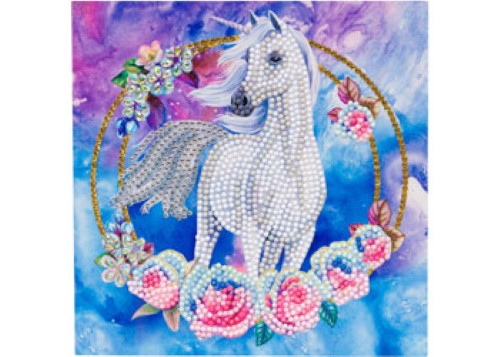 CrystalArt Unicorn Garland card kit featuring a colorful design and rhinestones, ideal for creative crafting fun.