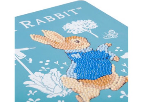 Sparkling Peter Rabbit Notebook, 18x26cm, for creative diamond painting with 50 lined pages and all crafting essentials included.