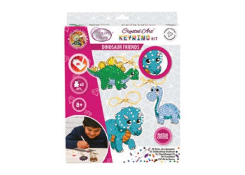 Dinosaur Friends Keyring Kit featuring three sparkling, crystal-embellished dinosaur keyrings for fun crafting and gifts.
