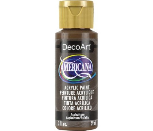 DecoArt Americana Acrylic - 2oz Asphaltum in rich deep hue, perfect for various surfaces and DIY projects with durable matte finish.