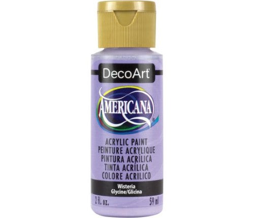 Decoart Americana Acrylic Wisteria paint in 2oz bottle, vibrant hue for art, crafts, quick-drying, and versatile on various surfaces.