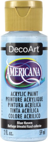 Decoart Americana Acrylic in Blue Haven, a 2oz vibrant blue paint, versatile for various surfaces and techniques.