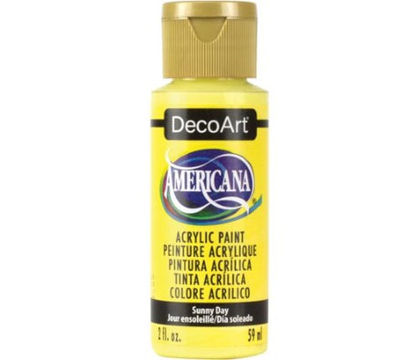 Decoart Americana Acrylic 2oz in SUNNY DAY, vibrant yellow paint for versatile crafting and art, water-based and easy to clean.