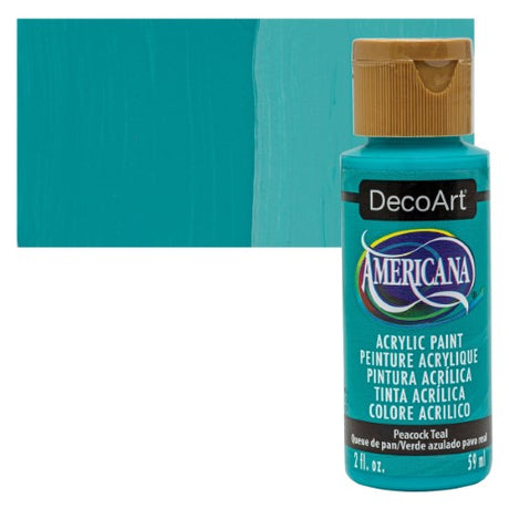 Vibrant 2oz bottle of DecoArt Americana Acrylic paint in Peacock Teal, ideal for various art and craft applications.