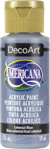 Decoart Americana Acrylic in Colonial Blue, a versatile 2oz water-based paint for crafting on various surfaces.