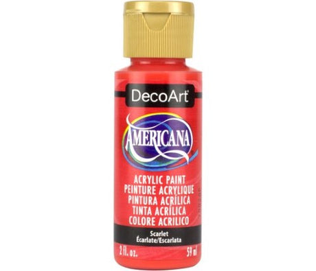 Vibrant 2oz Decoart Americana Acrylic paint in SCARLET, ideal for versatile art projects with superior light-fast pigmentation.