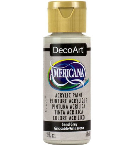 Decoart Americana Acrylic paint in Sand Grey, versatile for crafts, home decor, and fine art projects with a durable matte finish.