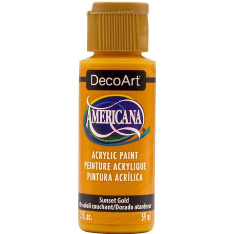 DecoArt Americana Acrylic in Sunset Gold, a vibrant, fast-drying paint ideal for various surfaces and artistic applications.