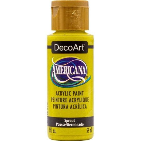 Vibrant 2oz Decoart Americana Acrylic paint in SPROUT, ideal for various surfaces and art projects, featuring easy blending and fast-drying.