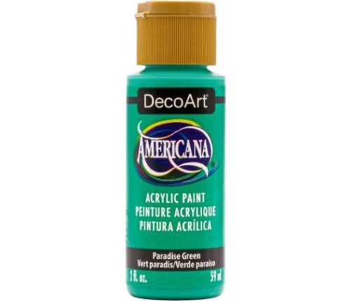 DecoArt Americana Acrylic paint in Paradise Green, 2oz; vibrant, water-based, versatile for various surfaces and projects.