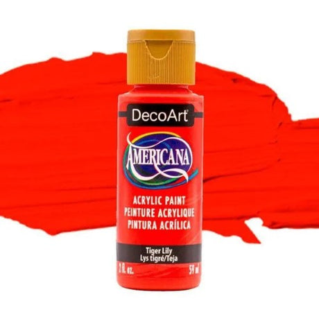 Decoart Americana Acrylic paint in vibrant Tiger Lily, perfect for crafts, with easy blending and a durable matte finish.