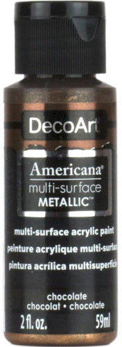 DecoArt Americana Multi-Surface Metallic Paint in Chocolate, a rich, non-toxic acrylic for elegant indoor and outdoor projects.