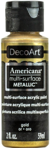 Bottle of Decoart Americana Multi-Surface Metallic Gold Paint, 2oz, ideal for various surfaces with a vibrant satin finish.