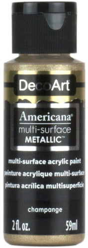 Champagne metallic paint in a 59ml bottle, ideal for diverse surfaces with a satin finish and easy application.