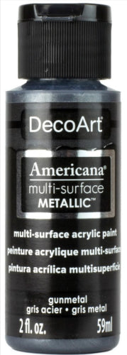 Decoart Americana Gun Metal Paint in 2oz, water-based, non-toxic, satin finish for versatile crafting on various surfaces.