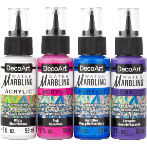 DecoArt Water Marbling Paints Set of 4 in pastel colors for creating stunning water marbled designs on various surfaces.