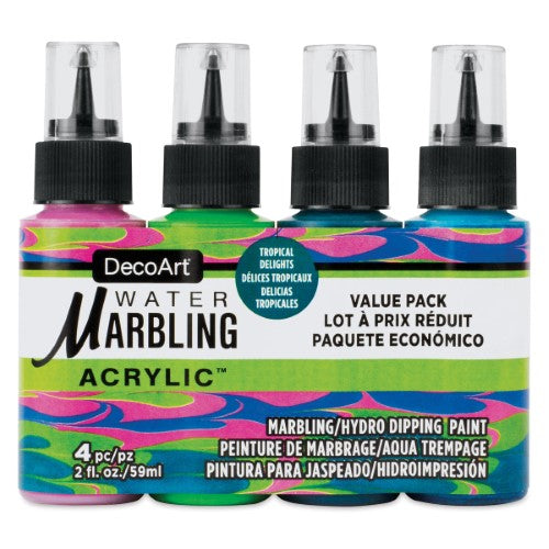 DecoArt Water Marbling Paints Tropical Delights set of 4 vibrant acrylic colors for creative water marbling on various surfaces.